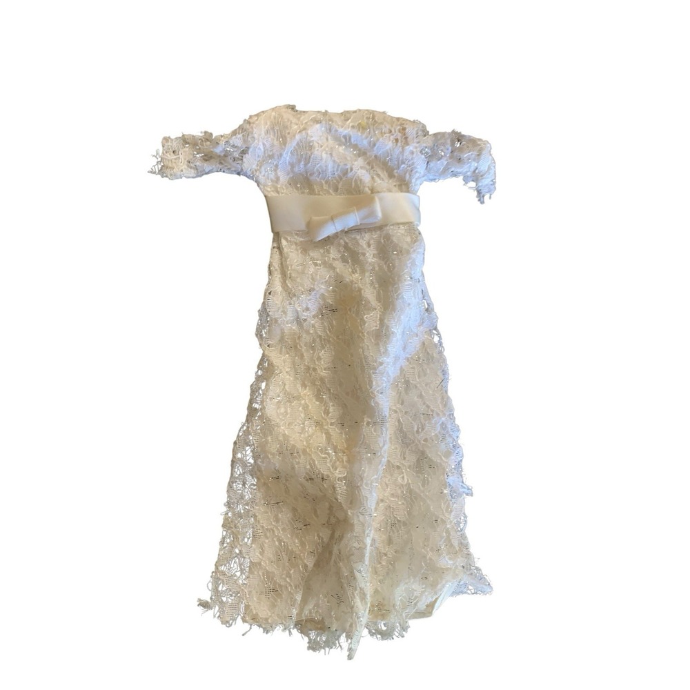 Vintage 1960s Barbie Clone White Lace Wedding Dress Bridal Gown Silver Metallic
